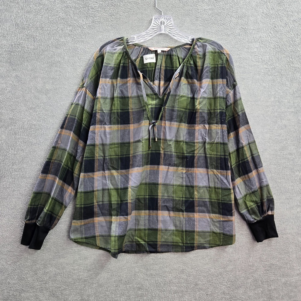 Juicy Couture Women Top‎ M Green Plaid Flannel Blouse Long Sleeve V Neck